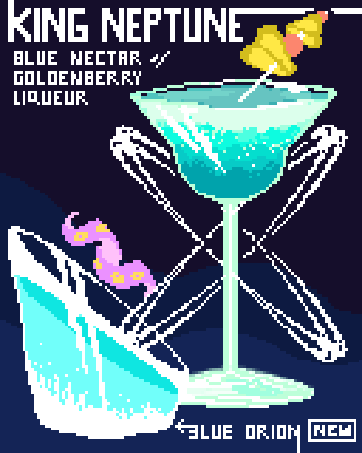 Two futuristic alcoholic drinks: The King Neptune Cocktail with blue nectar and goldenberry liqueur, and the new Blue Orion shooter